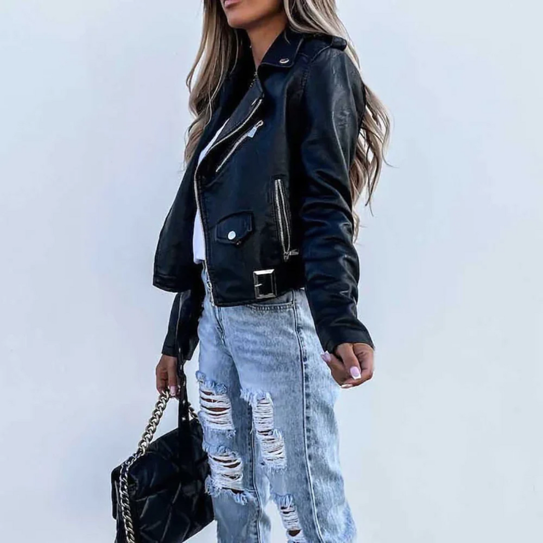 Veste de motard en cuir pour femme, avec fermeture à glissière asymétrique