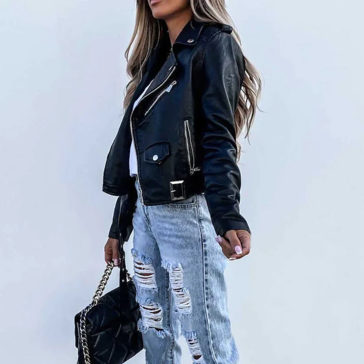 Veste de motard en cuir pour femme, avec fermeture à glissière asymétrique