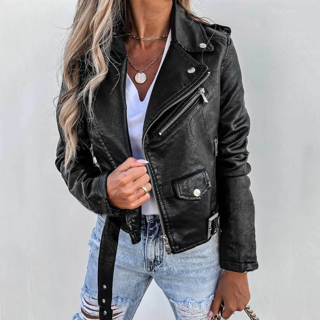 Veste de motard en cuir pour femme, avec fermeture à glissière asymétrique