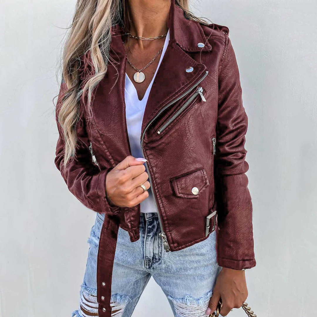Veste de motard en cuir pour femme, avec fermeture à glissière asymétrique