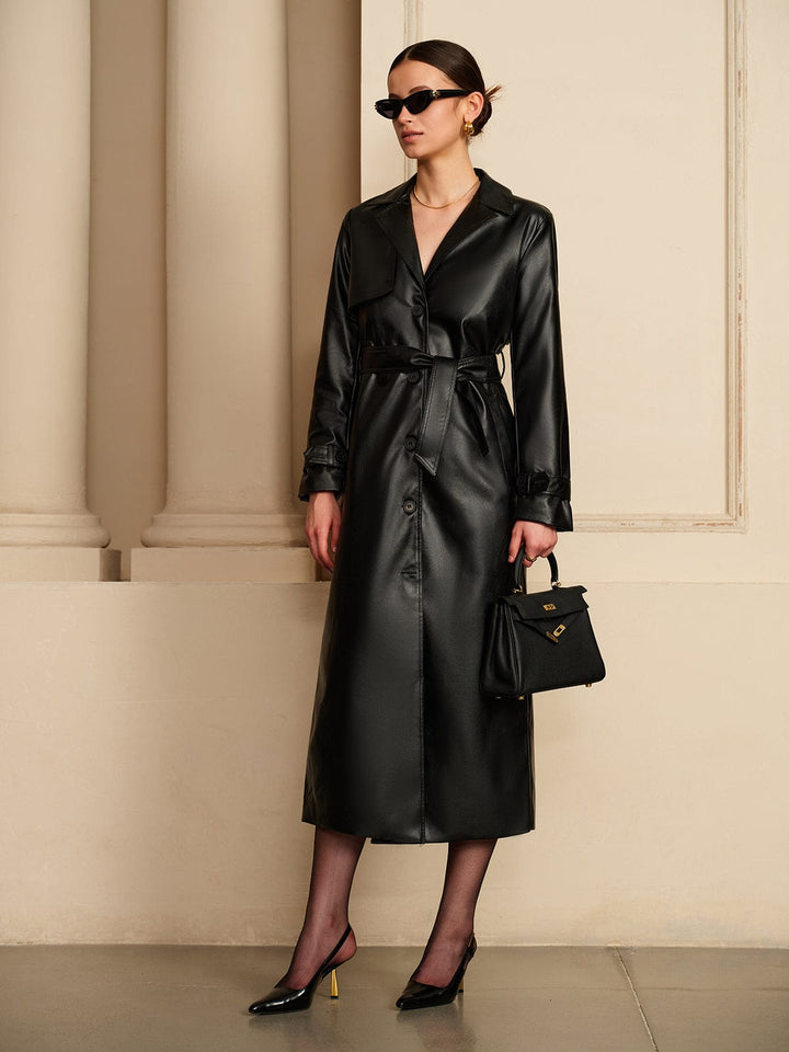 Trench-coat pour femme en similicuir avec taille ceinturée