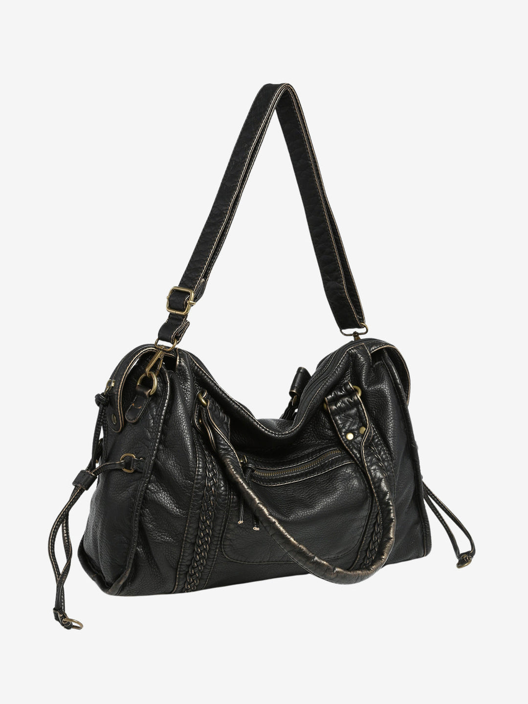 Sac à bandoulière pour femme en similicuir effet vieilli, bordure tressée