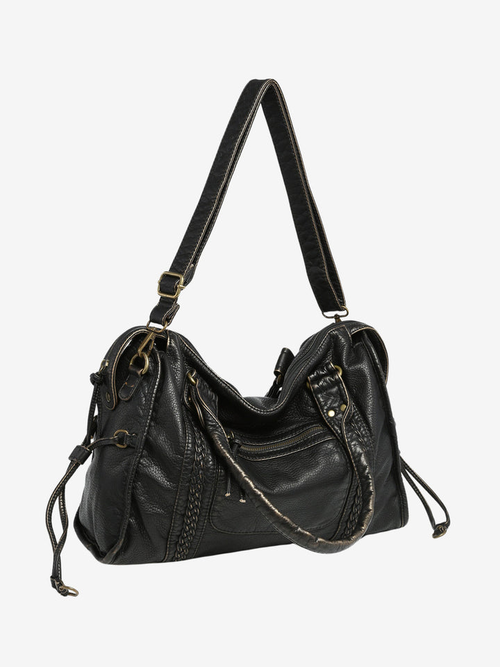 Sac à bandoulière pour femme en similicuir effet vieilli, bordure tressée