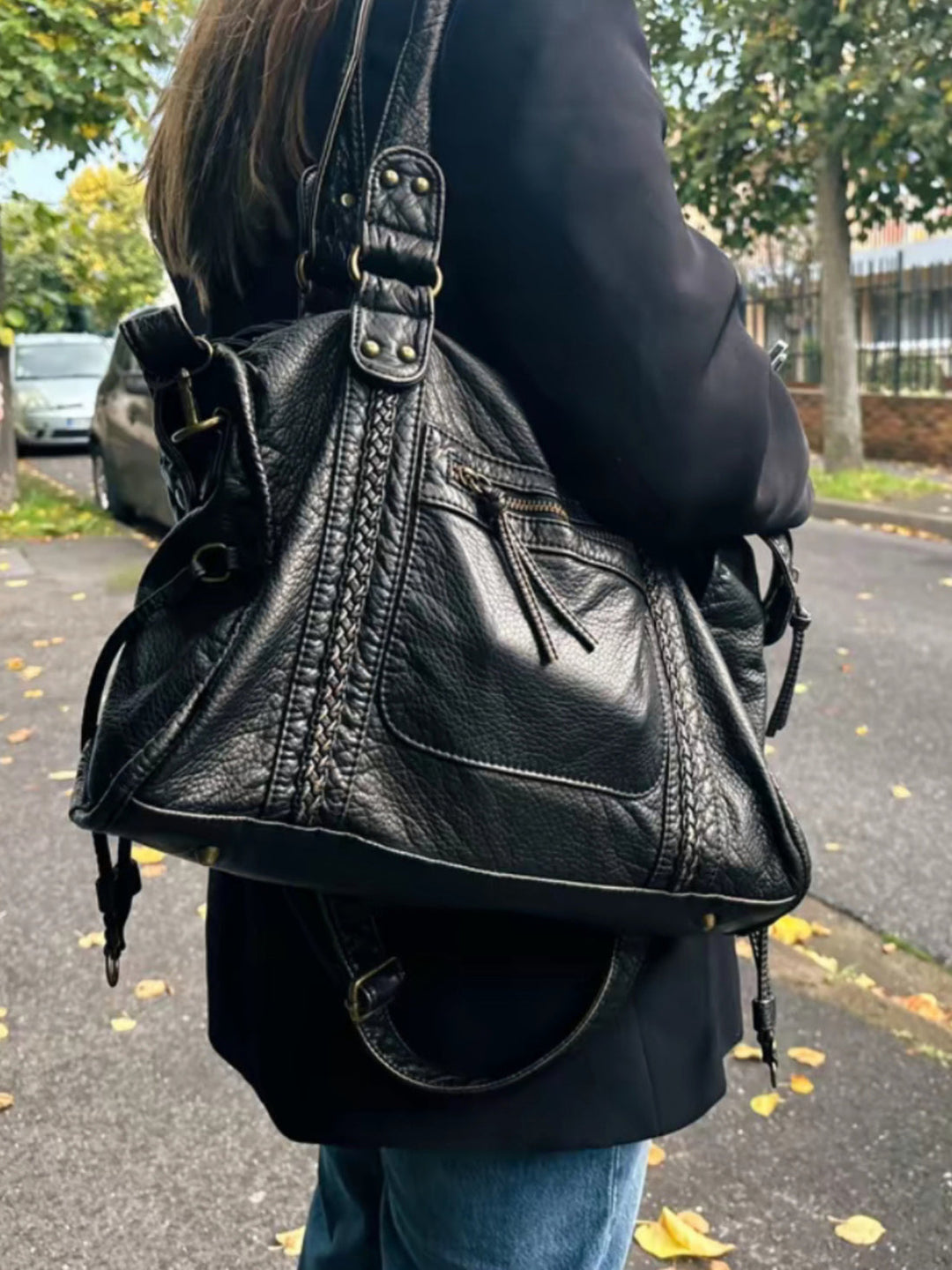 Sac à bandoulière pour femme en similicuir effet vieilli, bordure tressée