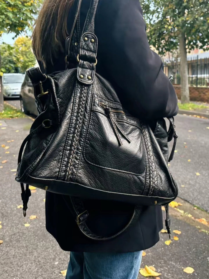 Sac à bandoulière pour femme en similicuir effet vieilli, bordure tressée