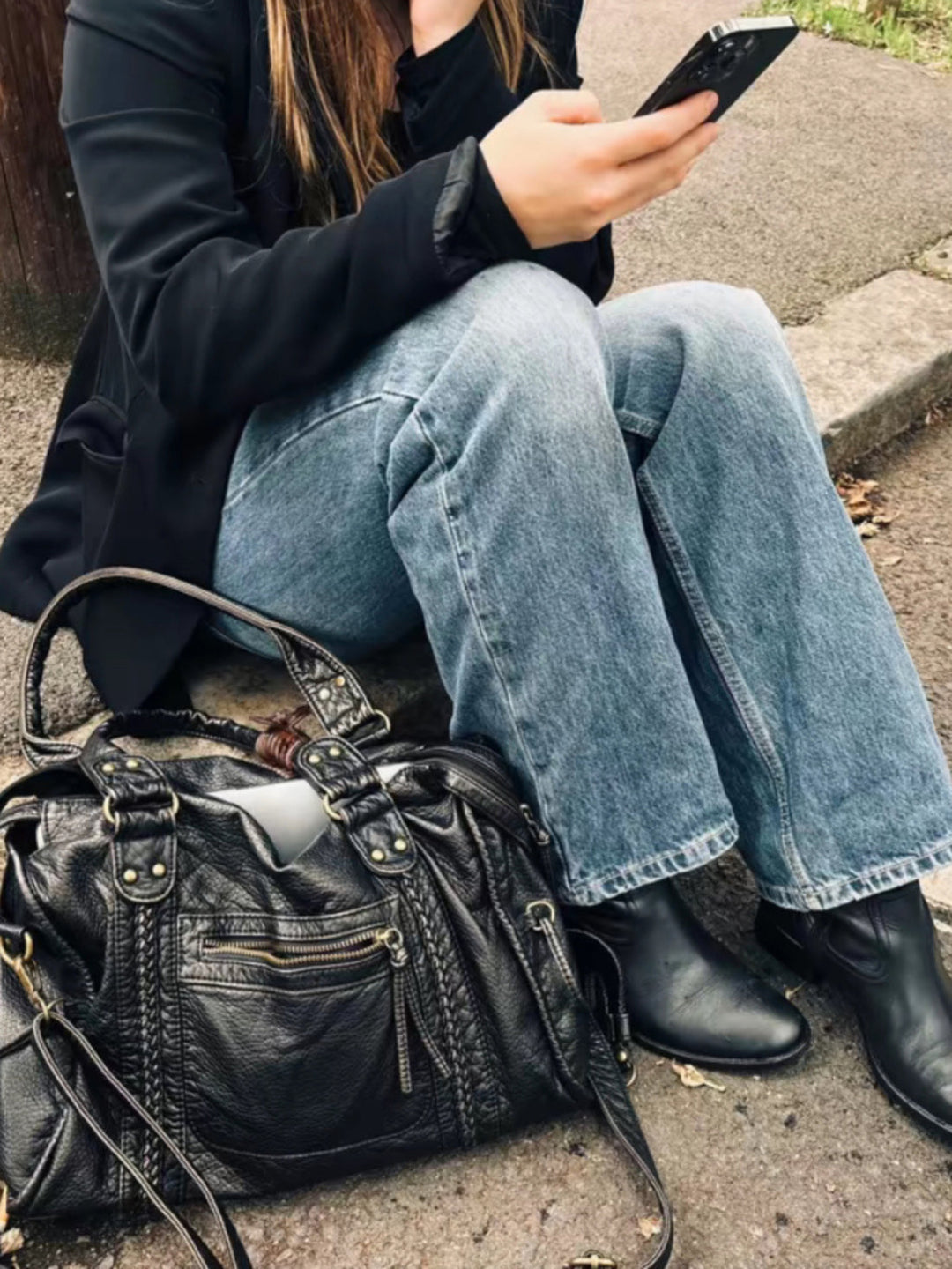 Sac à bandoulière pour femme en similicuir effet vieilli, bordure tressée