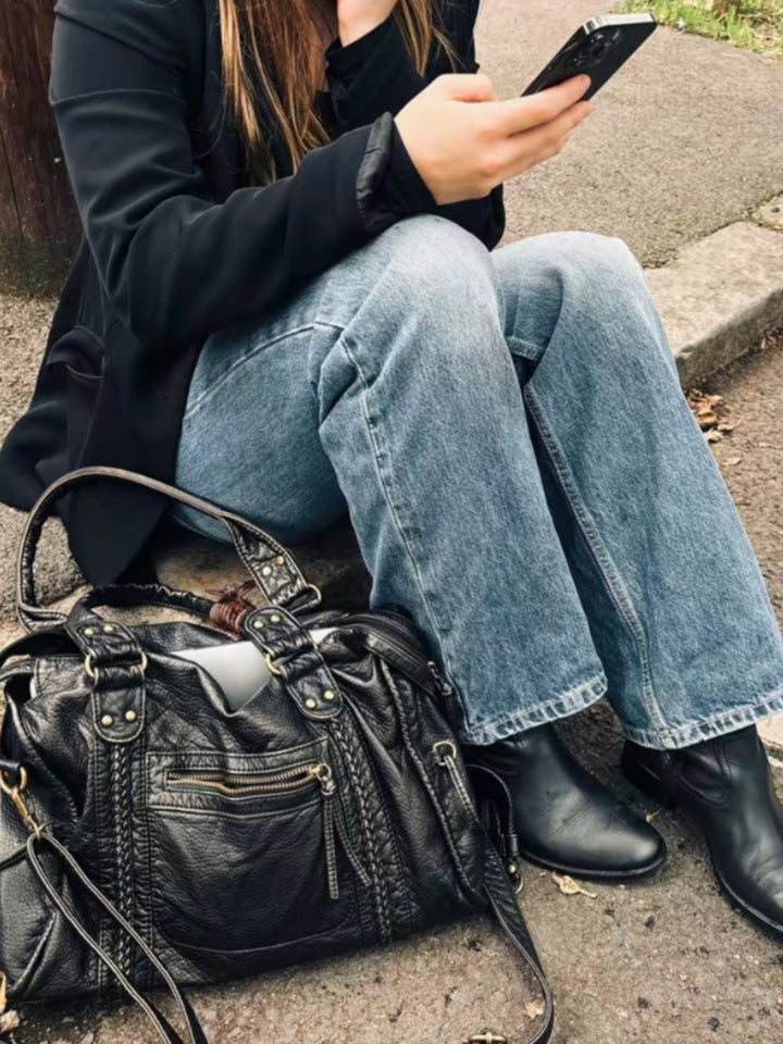 Sac à bandoulière pour femme en similicuir effet vieilli, bordure tressée