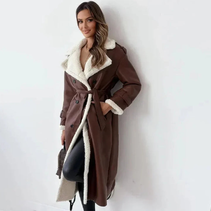 Manteau long pour femme avec bordure en sherpa et fermeture croisée