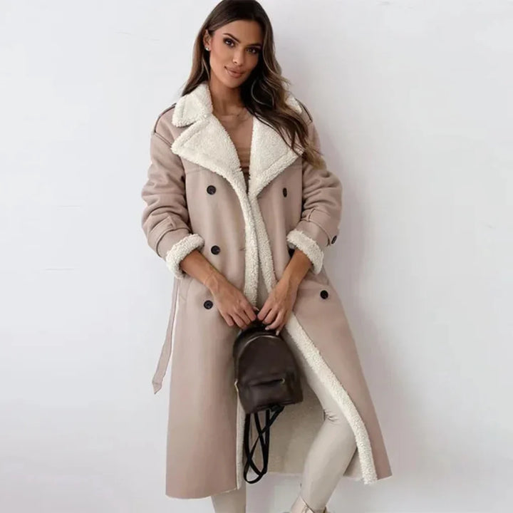 Manteau long pour femme avec bordure en sherpa et fermeture croisée