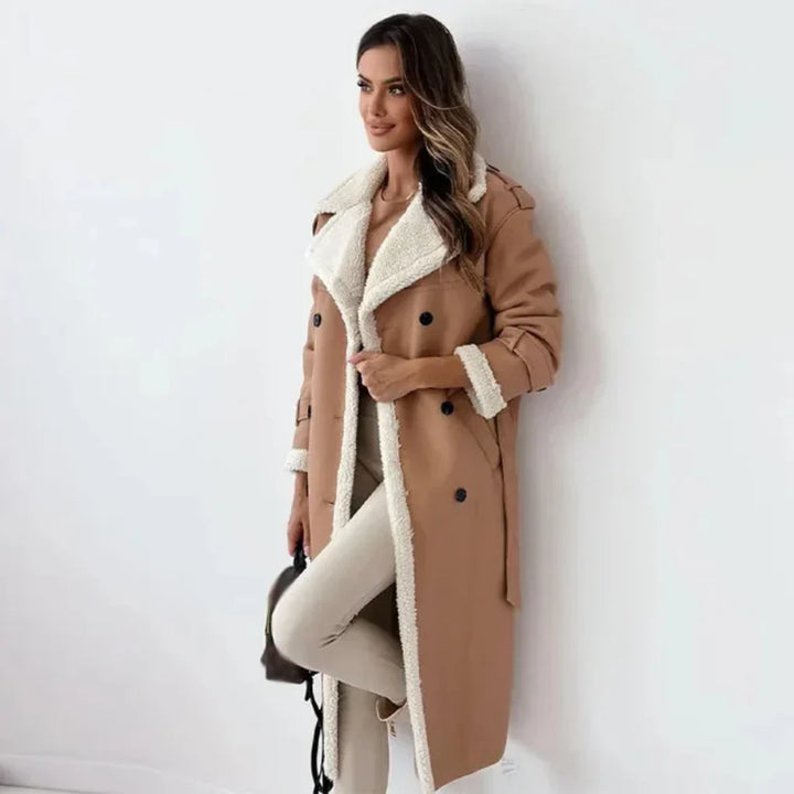 Manteau long pour femme avec bordure en sherpa et fermeture croisée
