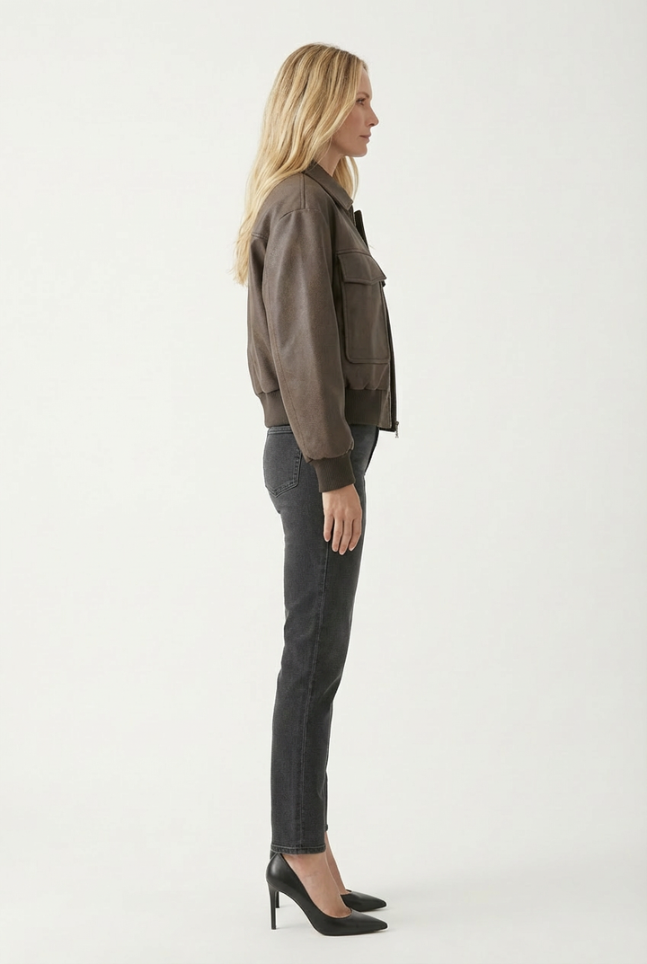 Blouson aviateur court en cuir pour femme avec poches poitrine