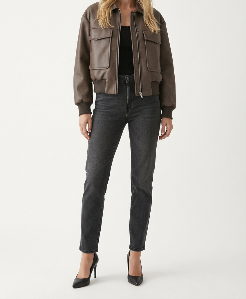 Blouson aviateur court en cuir pour femme avec poches poitrine