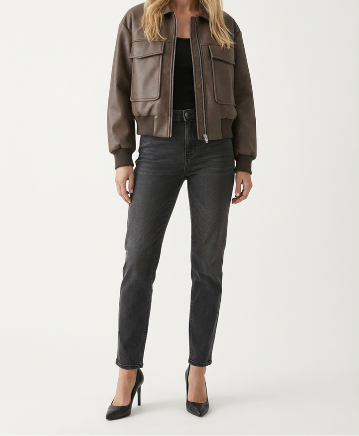 Blouson aviateur court en cuir pour femme avec poches poitrine