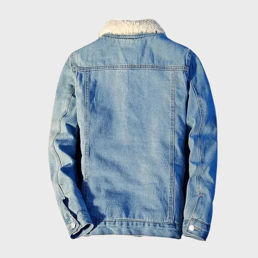 Men's Denim Trucker Jacket with Warm Plush Collar Lining