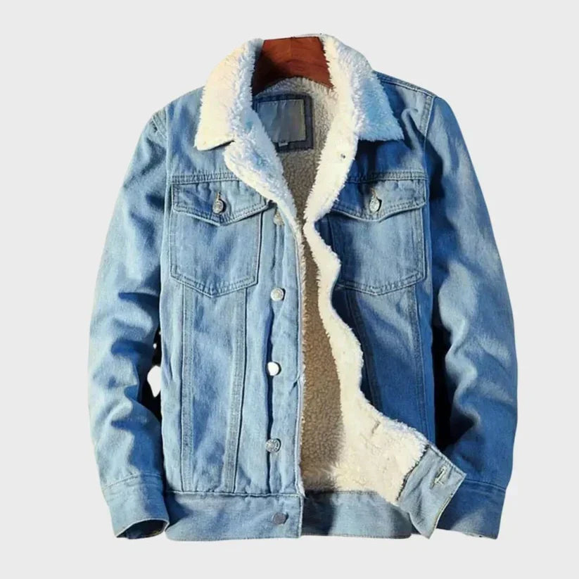 Men's Denim Trucker Jacket with Warm Plush Collar Lining