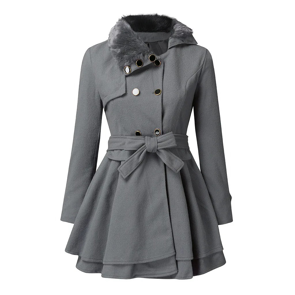 Women's Wool Coat with Faux Fur Collar and Belted Waist