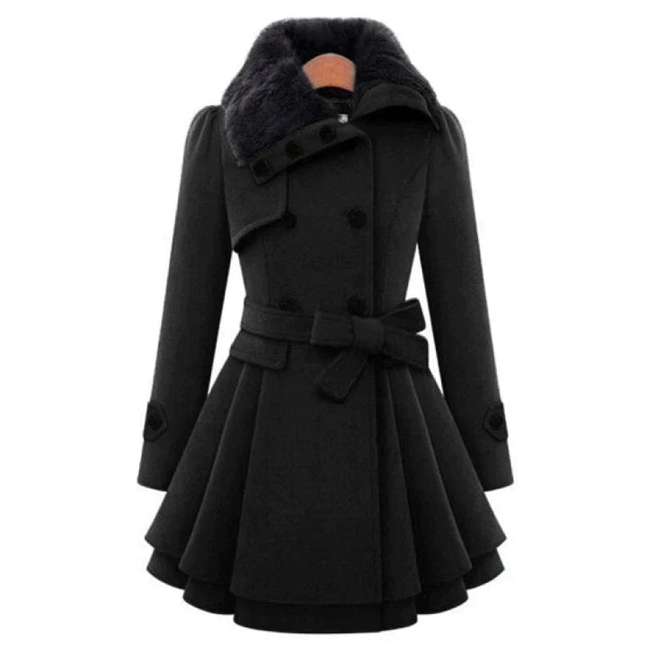 Women's Wool Coat with Faux Fur Collar and Belted Waist