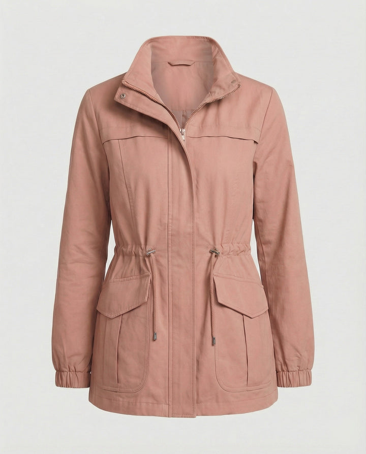 Women's Utility Jacket with Drawstring Waist and Flap Pockets