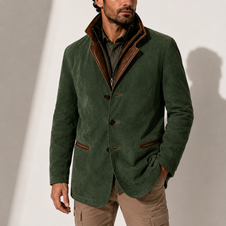 Men's Leather-Trim Layered Collar Blazer Jacket