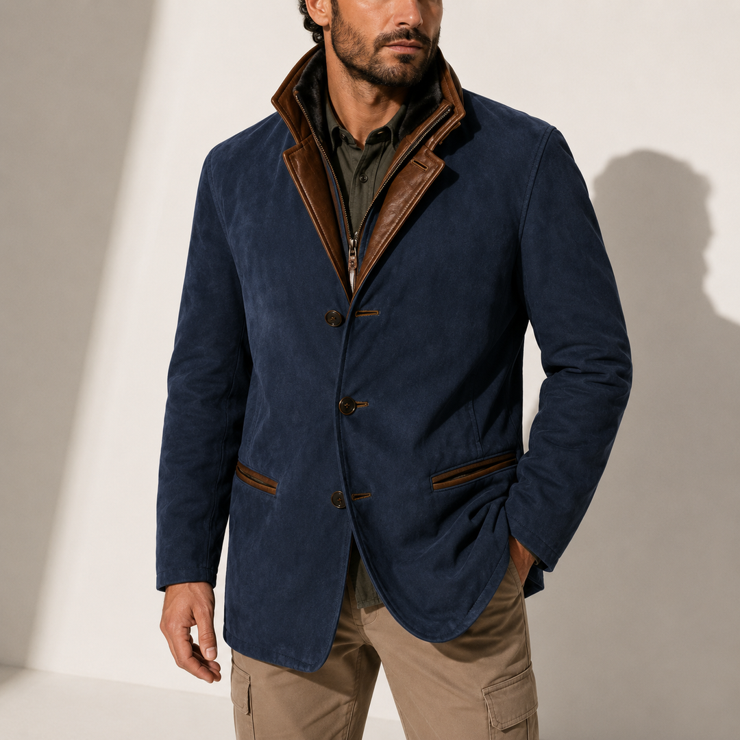 Men's Leather-Trim Layered Collar Blazer Jacket