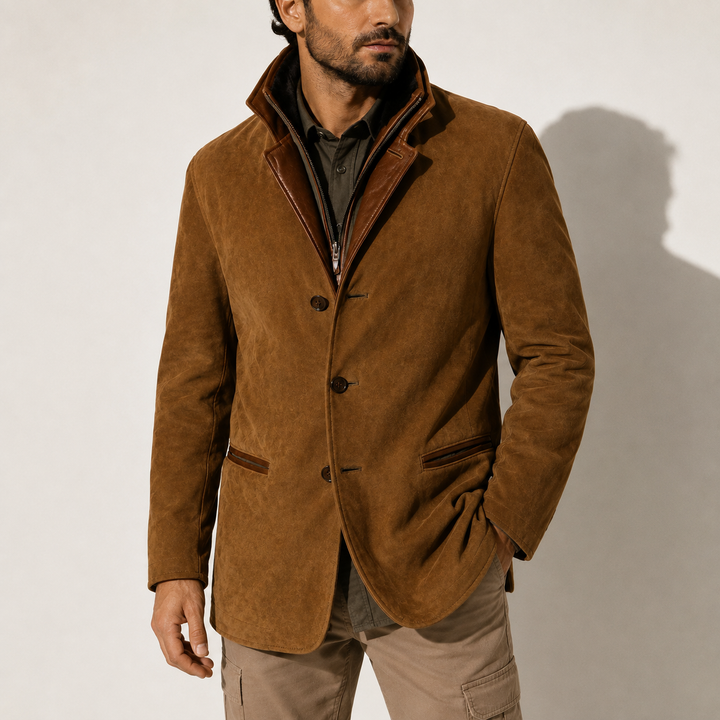 Men's Leather-Trim Layered Collar Blazer Jacket