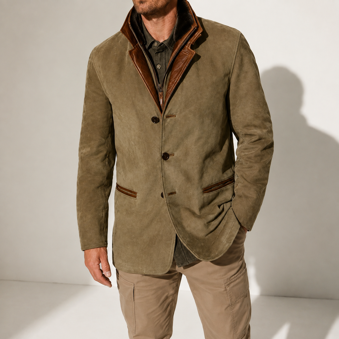 Men's Leather-Trim Layered Collar Blazer Jacket