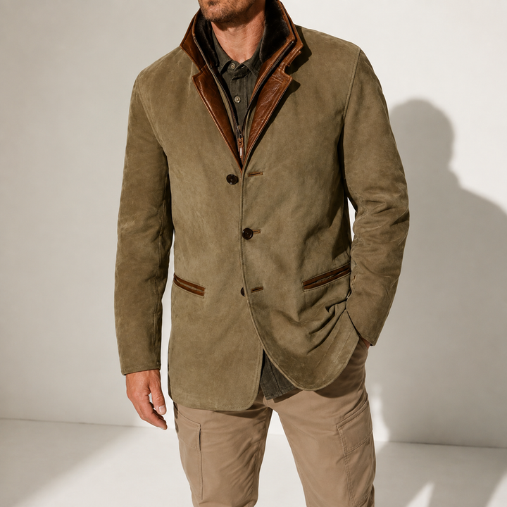 Men's Leather-Trim Layered Collar Blazer Jacket