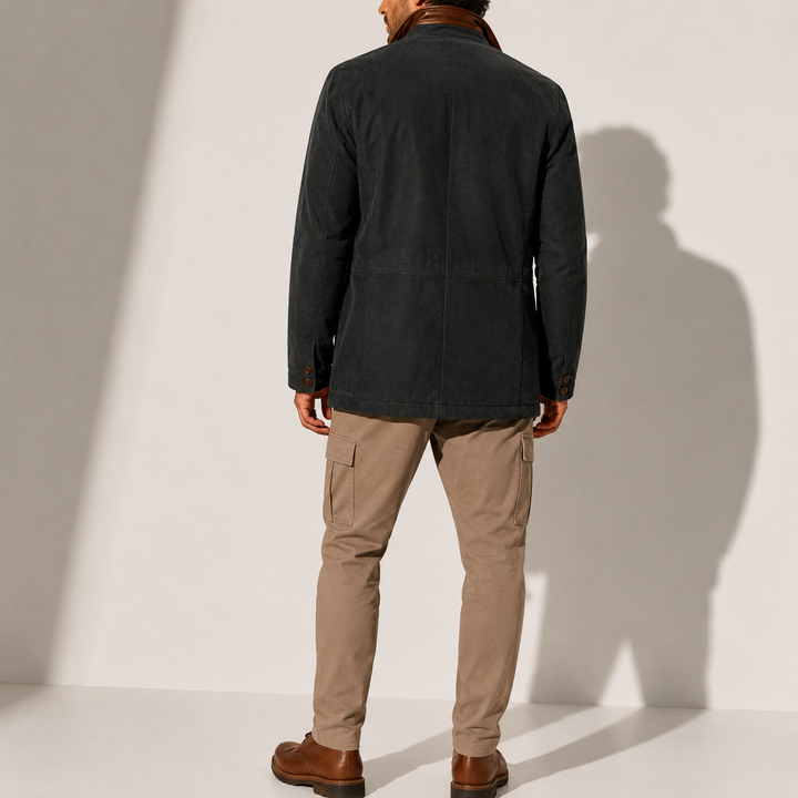 Men's Leather-Trim Layered Collar Blazer Jacket