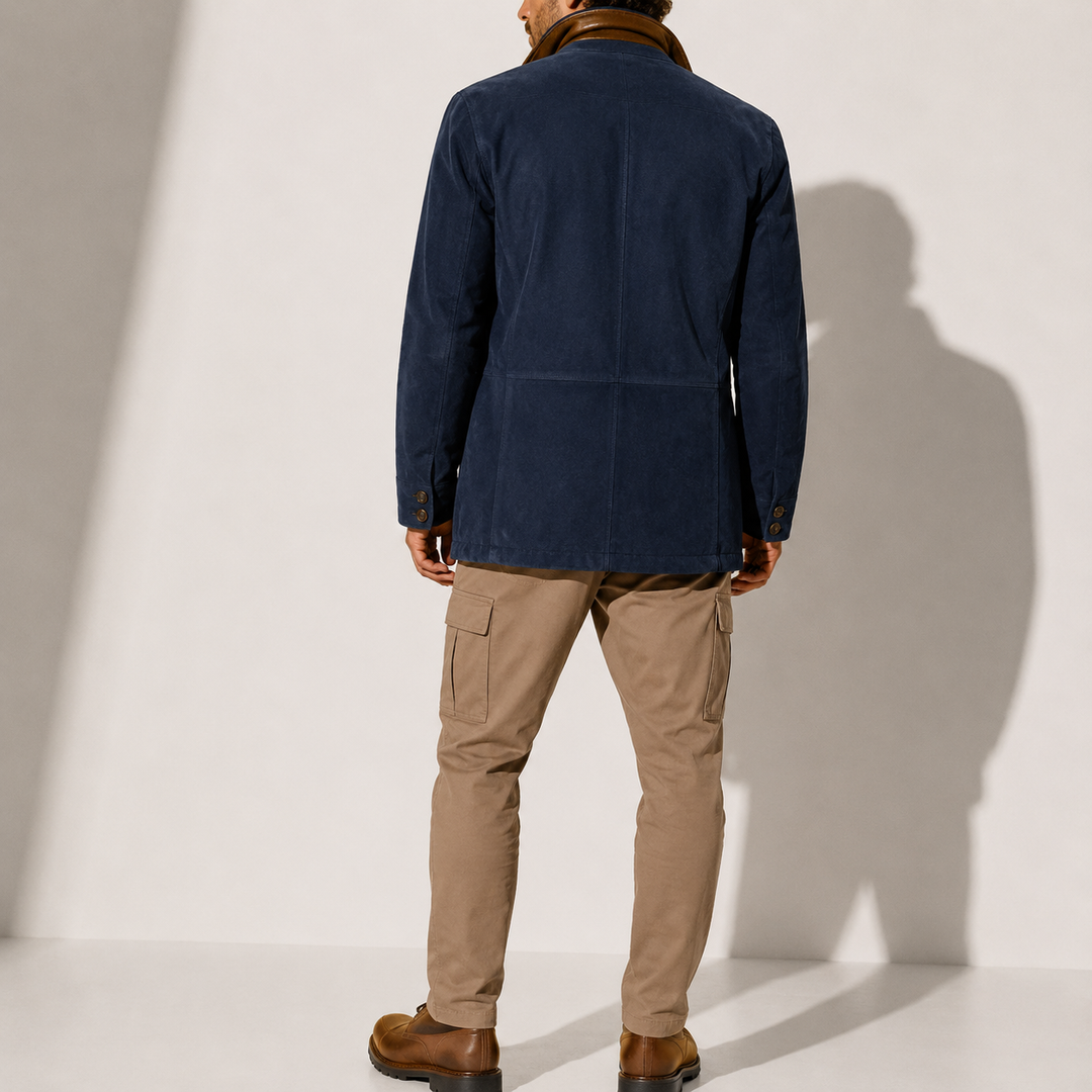 Men's Leather-Trim Layered Collar Blazer Jacket
