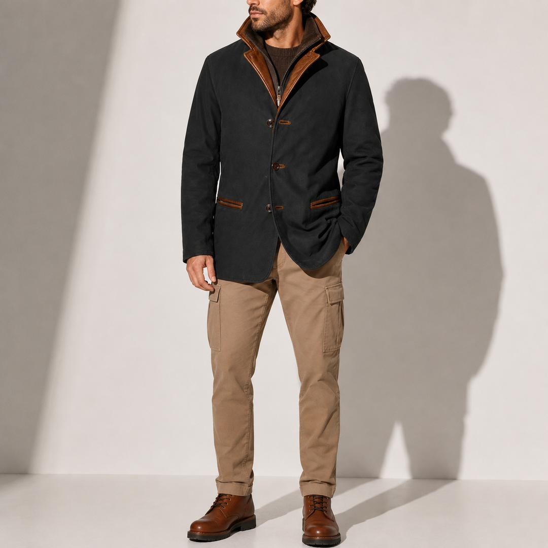 Men's Leather-Trim Layered Collar Blazer Jacket