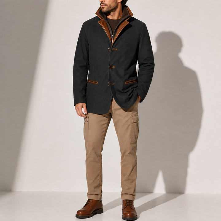 Men's Leather-Trim Layered Collar Blazer Jacket