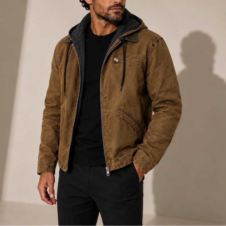 Men's Canvas Hooded Utility Jacket with Zip Chest Pocket
