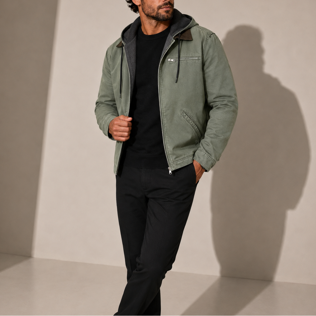 Men's Canvas Hooded Utility Jacket with Zip Chest Pocket