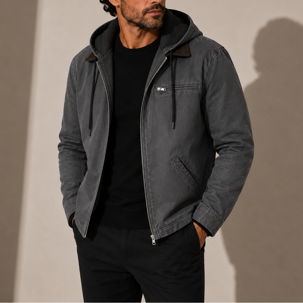 Men's Canvas Hooded Utility Jacket with Zip Chest Pocket