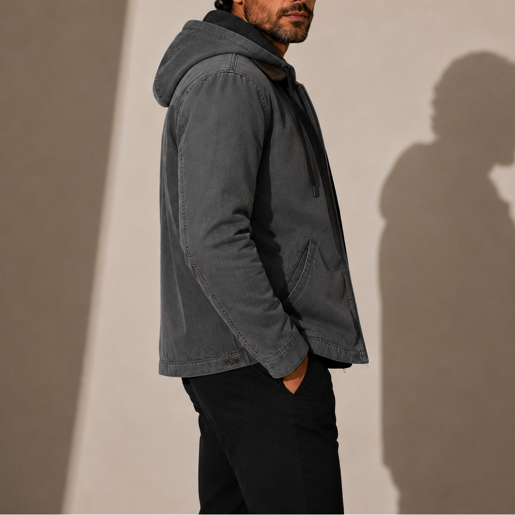 Men's Canvas Hooded Utility Jacket with Zip Chest Pocket