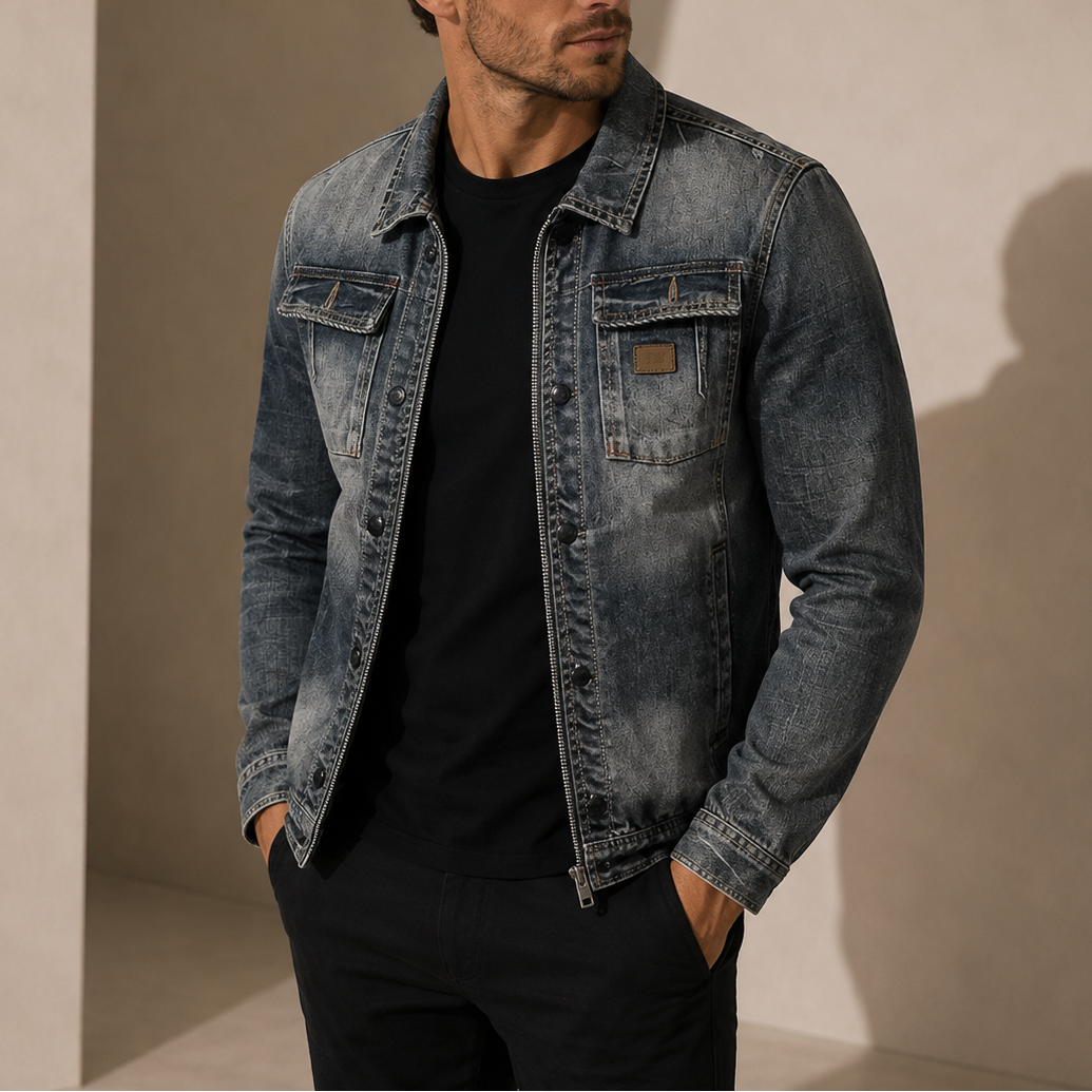 Men's Washed Denim Jacket with Button Flap Pockets