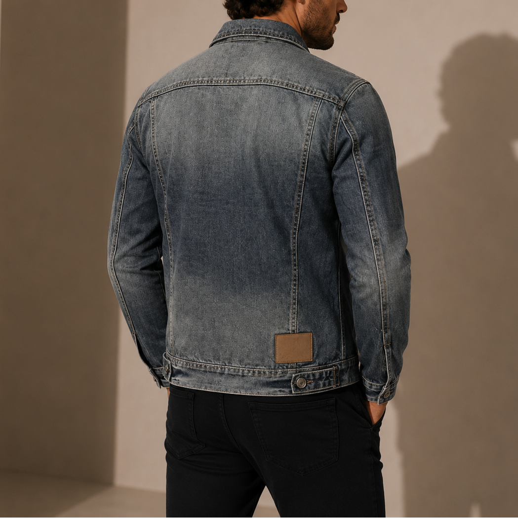 Men's Washed Denim Jacket with Button Flap Pockets
