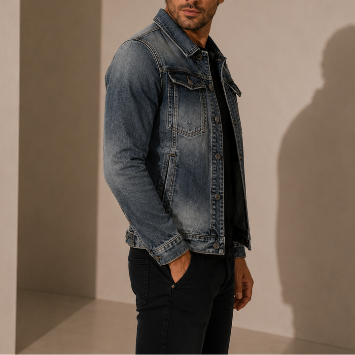 Men's Washed Denim Jacket with Button Flap Pockets