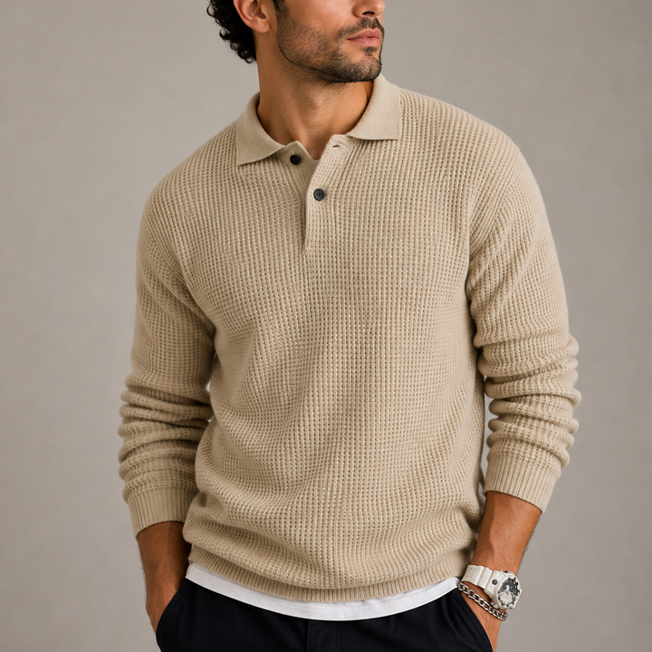 Men's Waffle Knit Polo Jumper with Button Placket