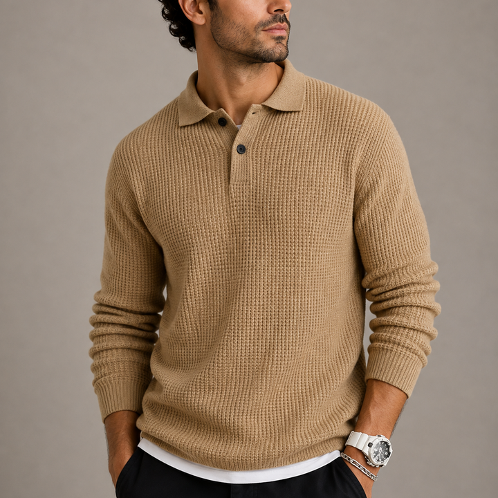 Men's Waffle Knit Polo Jumper with Button Placket