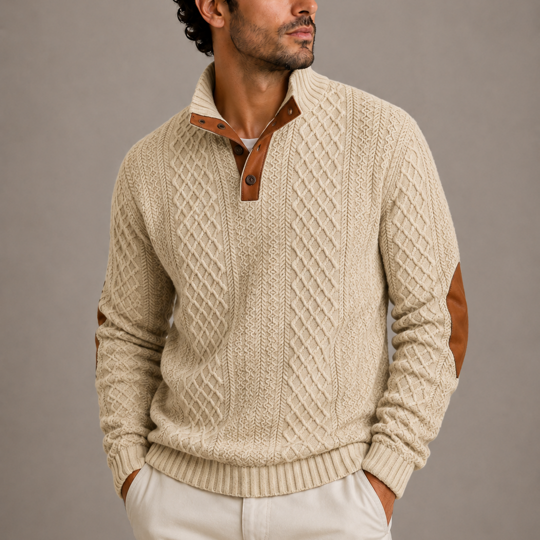 Men's Cable Knit Jumper with Suede Elbow Patches