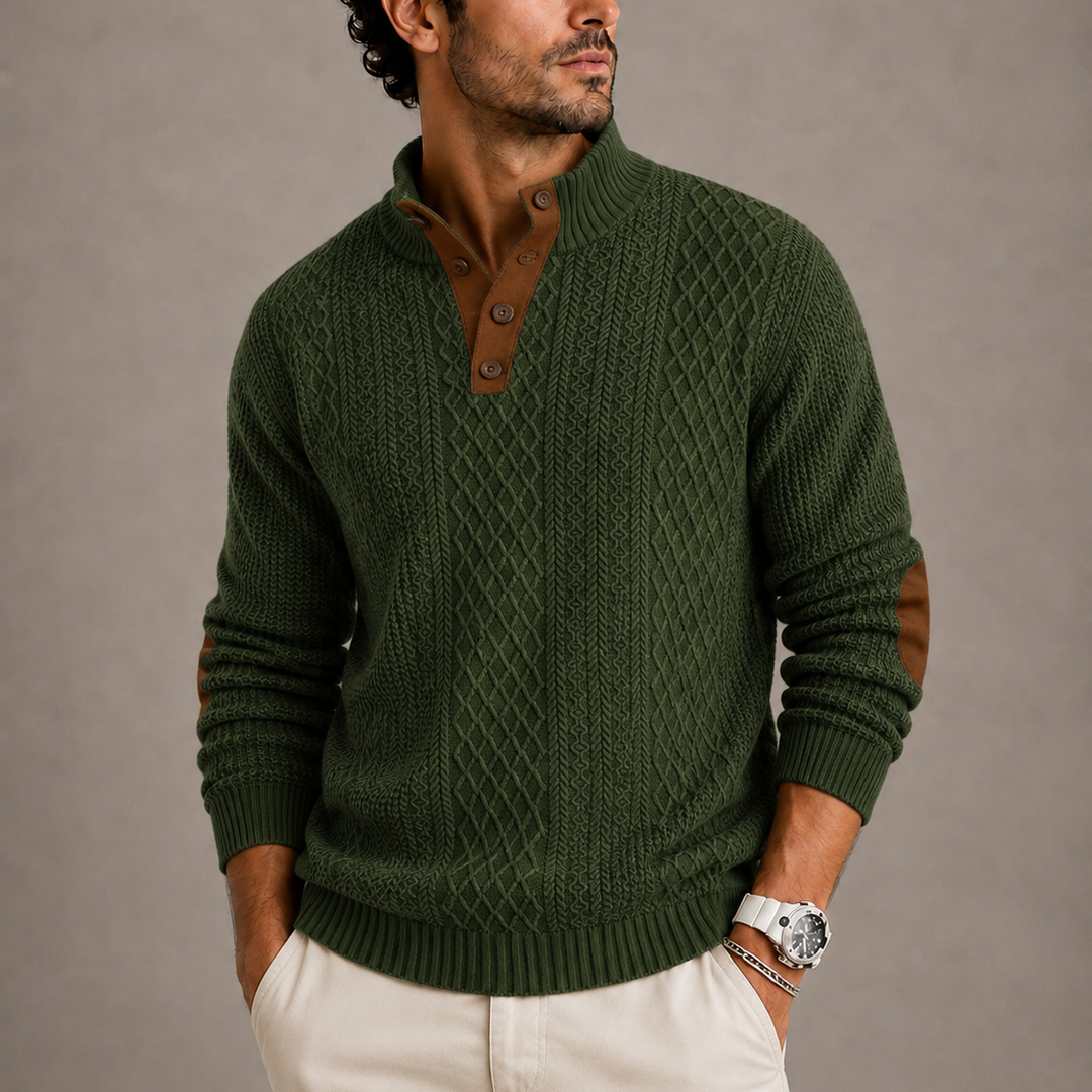Men's Cable Knit Jumper with Suede Elbow Patches