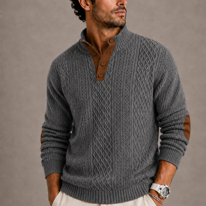Men's Cable Knit Jumper with Suede Elbow Patches