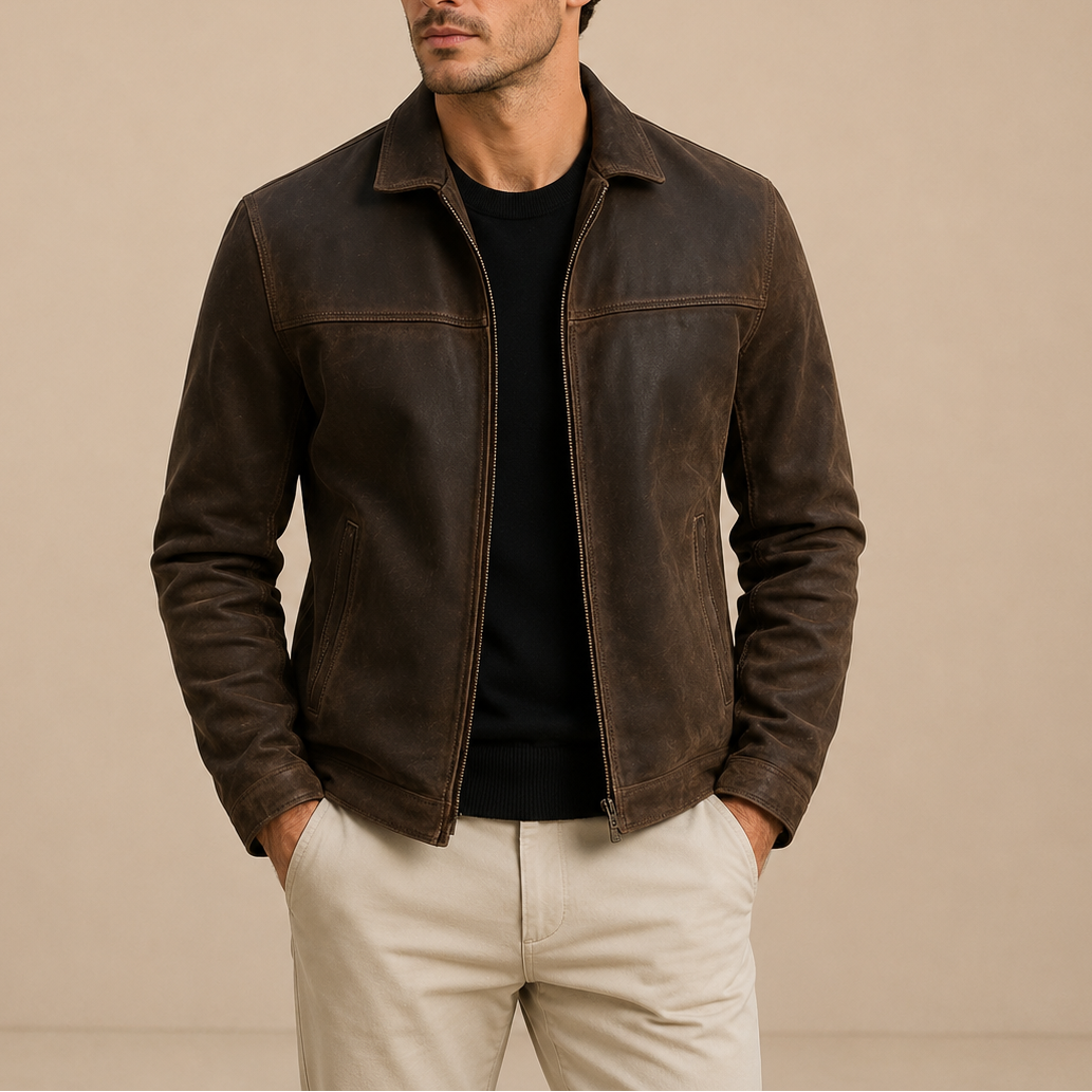 Men's Vintage Leather Jacket with Zip Pockets