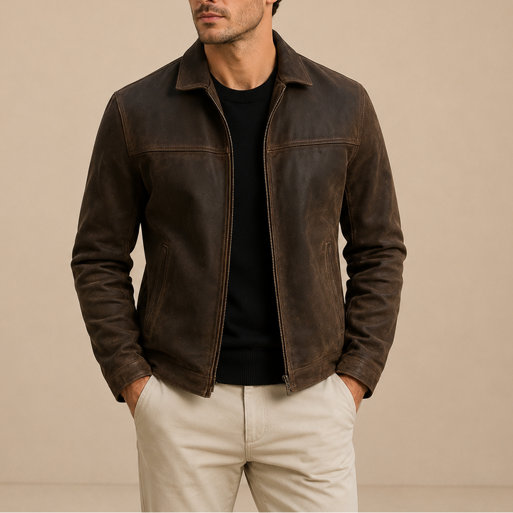 Men's Vintage Leather Jacket with Zip Pockets