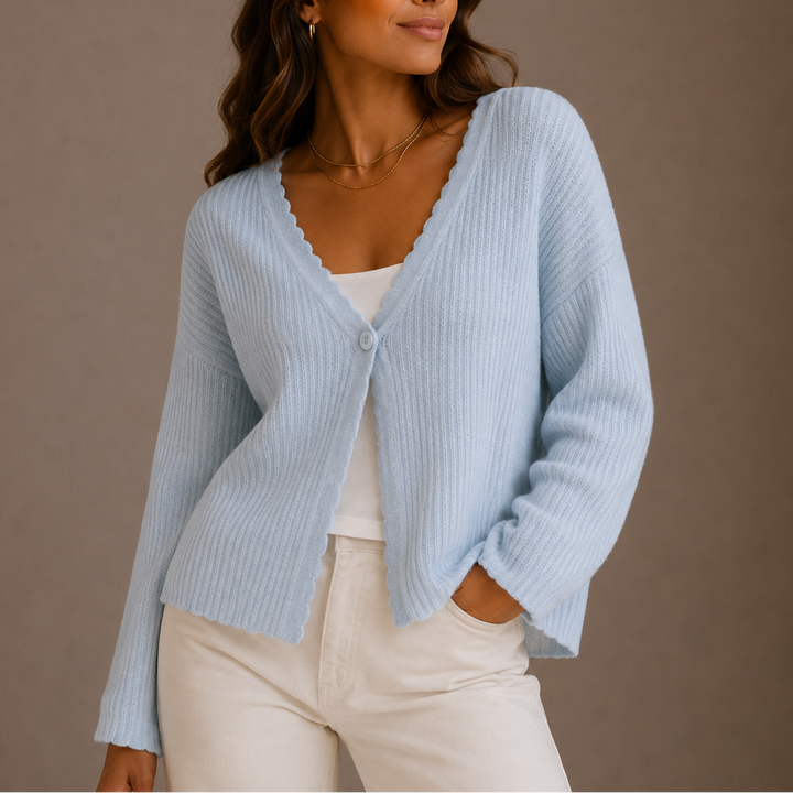 Women's Ribbed Knit Cardigan with Scalloped Trim