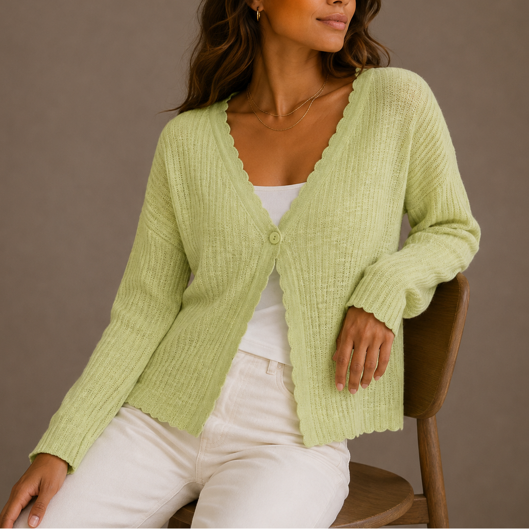 Women's Ribbed Knit Cardigan with Scalloped Trim