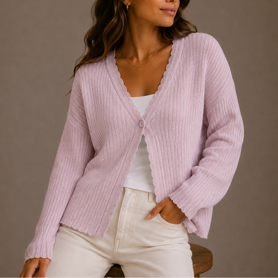 Women's Ribbed Knit Cardigan with Scalloped Trim