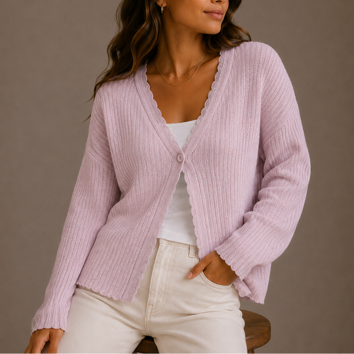 Women's Ribbed Knit Cardigan with Scalloped Trim
