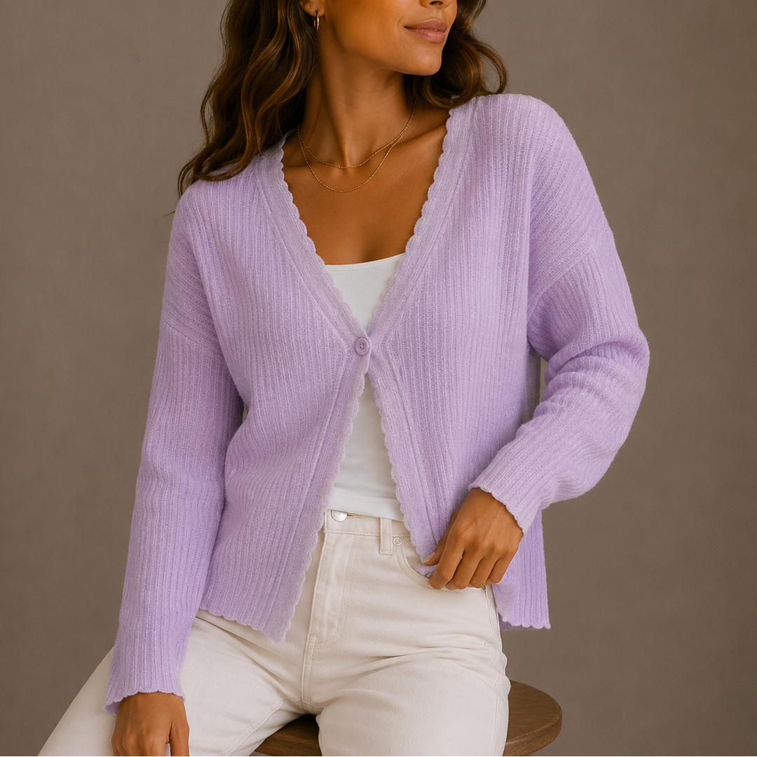 Women's Ribbed Knit Cardigan with Scalloped Trim